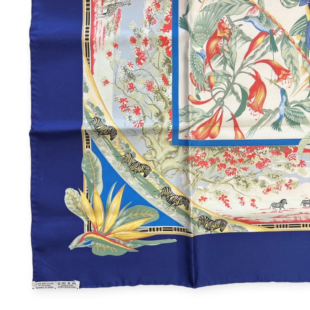 Hermes Paris Tropiques 90 Silk Carre Scarf Blue Tropical Bird 35 Square France - Picture 15 of 16